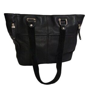 Tignanello Black Leather Shoulder Tote Silver Hardware Stripe Lining.